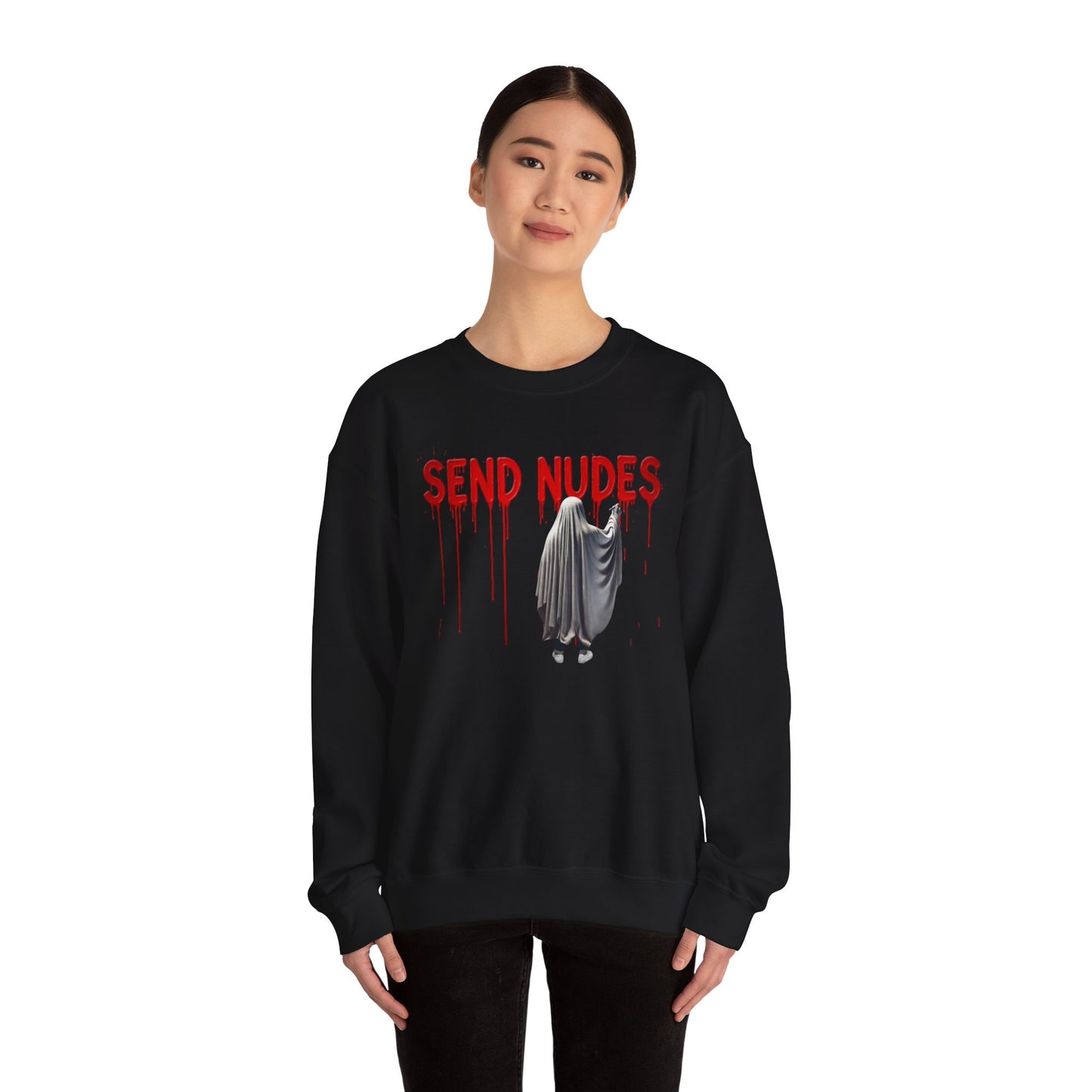 "Send Nudes" Ghost Sweatshirt | Funny Halloween Crewneck | Edgy Meme Sweater | Spooky Season Apparel