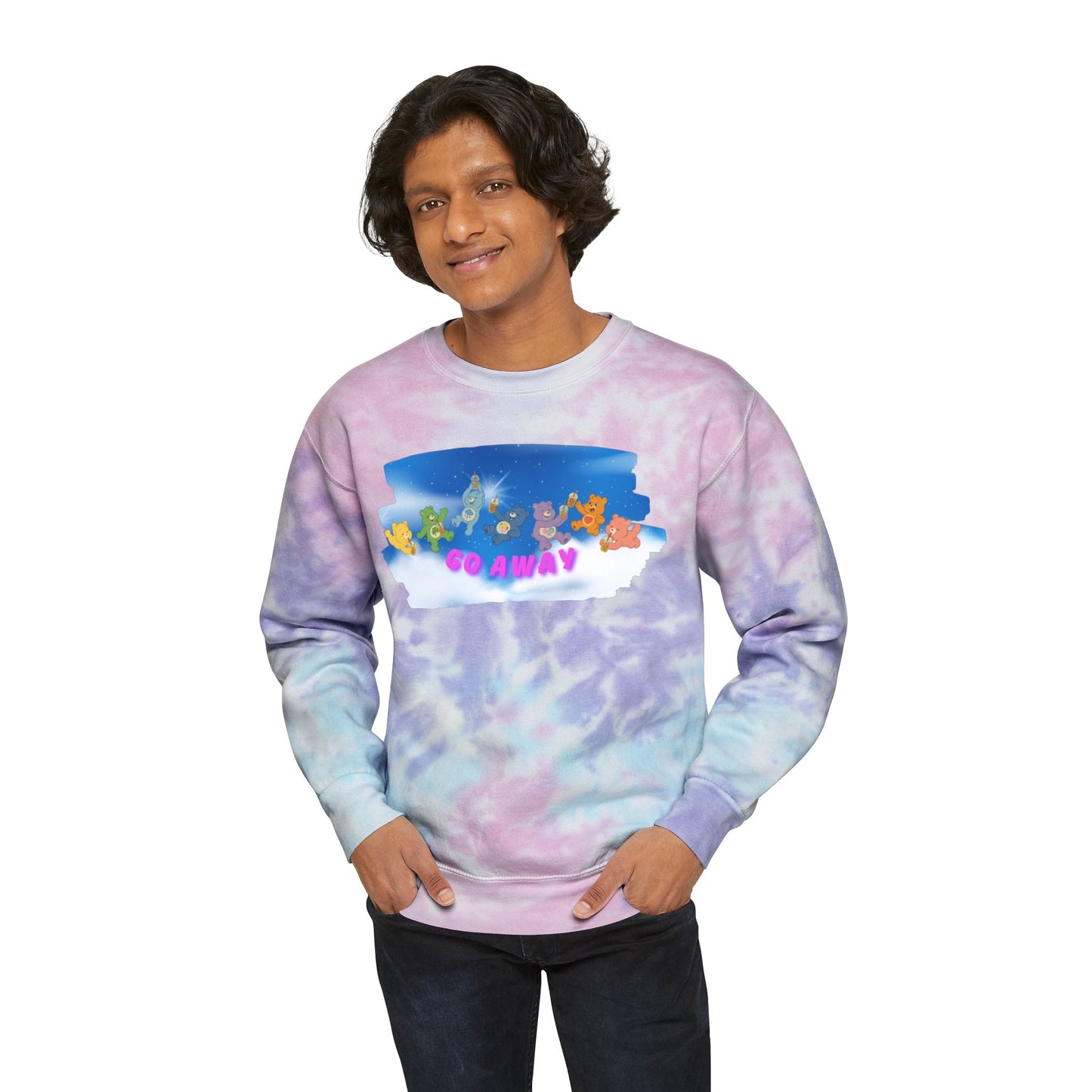 "Go Away" Care Bears Tie-Dye Sweatshirt | Sarcastic Pastel Crewneck | Cozy 90s Cartoon Sweater