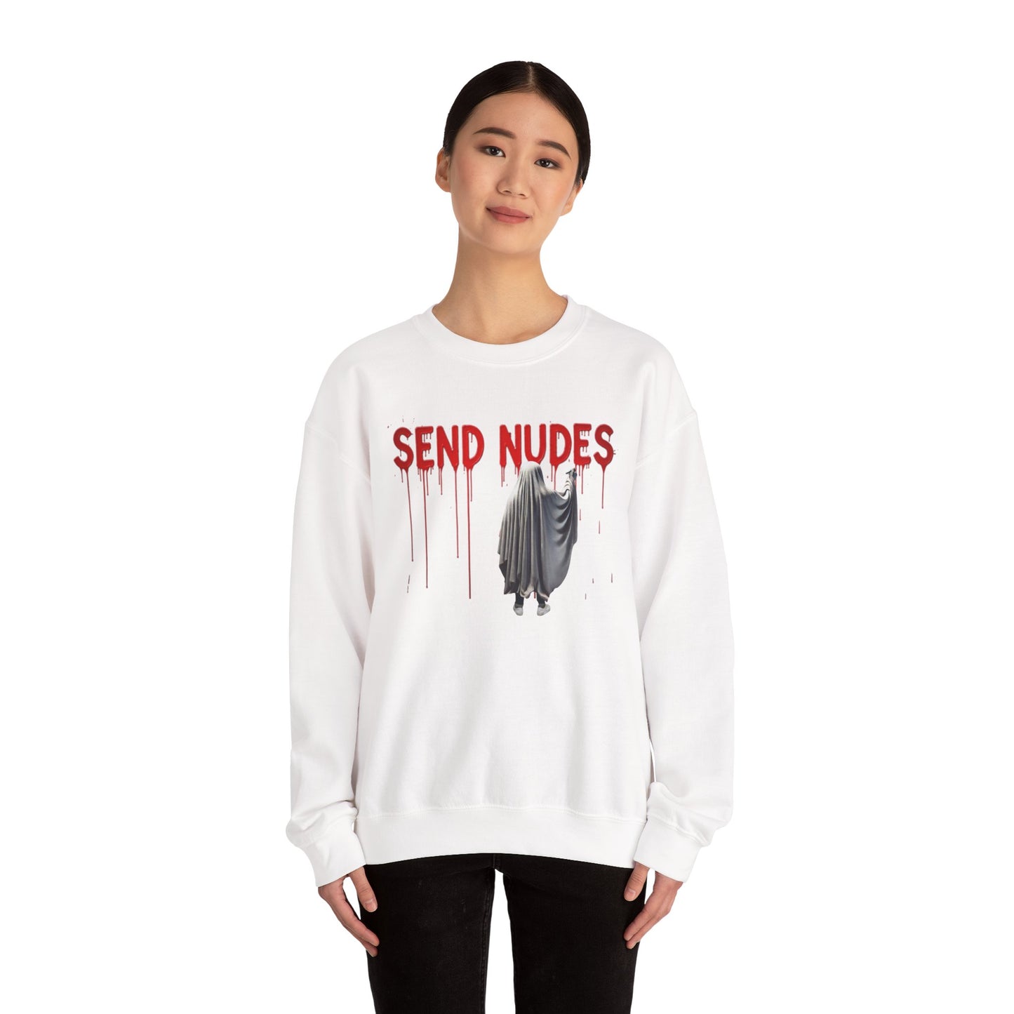 "Send Nudes" Ghost Sweatshirt | Funny Halloween Crewneck | Edgy Meme Sweater | Spooky Season Apparel