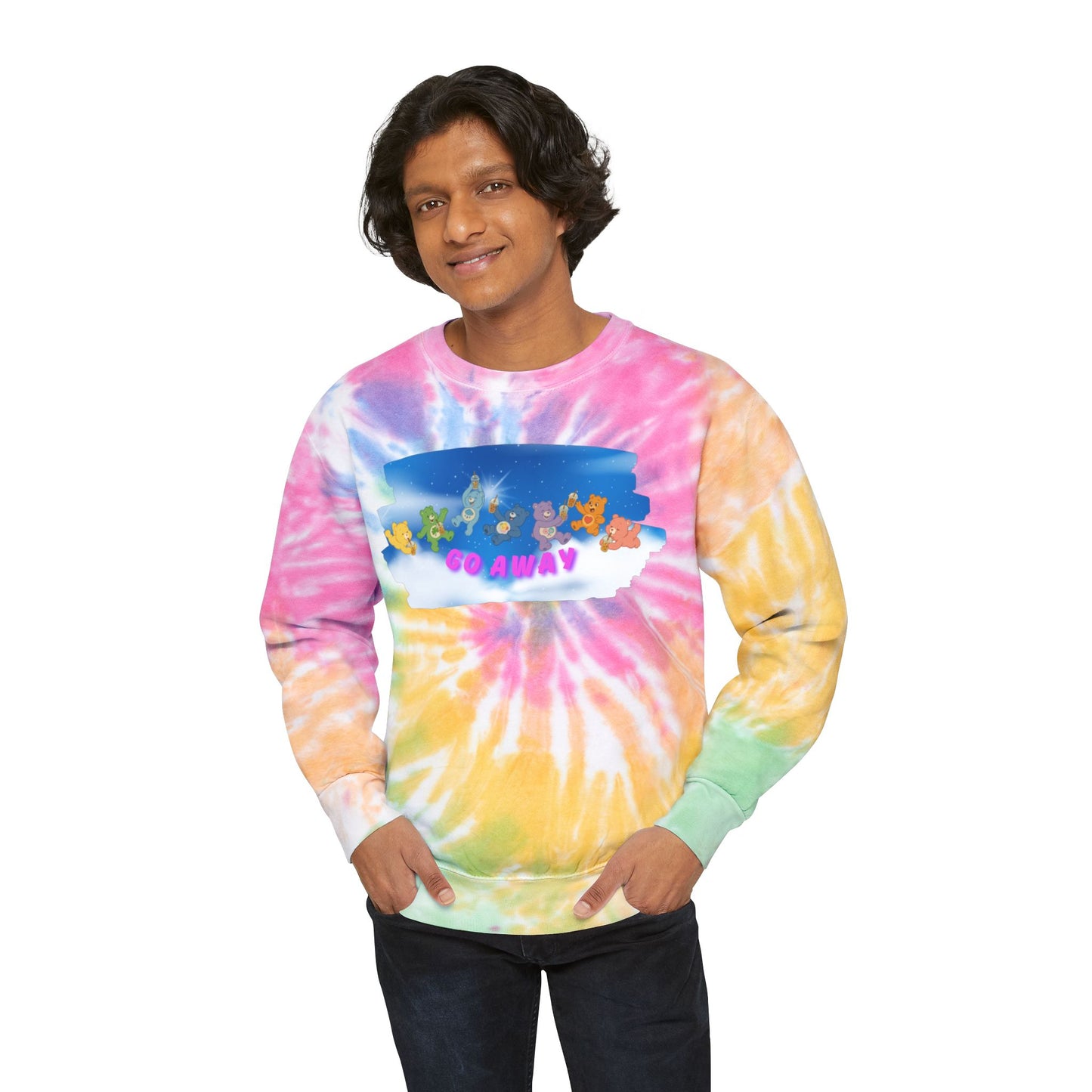 "Go Away" Care Bears Tie-Dye Sweatshirt | Sarcastic Pastel Crewneck | Cozy 90s Cartoon Sweater