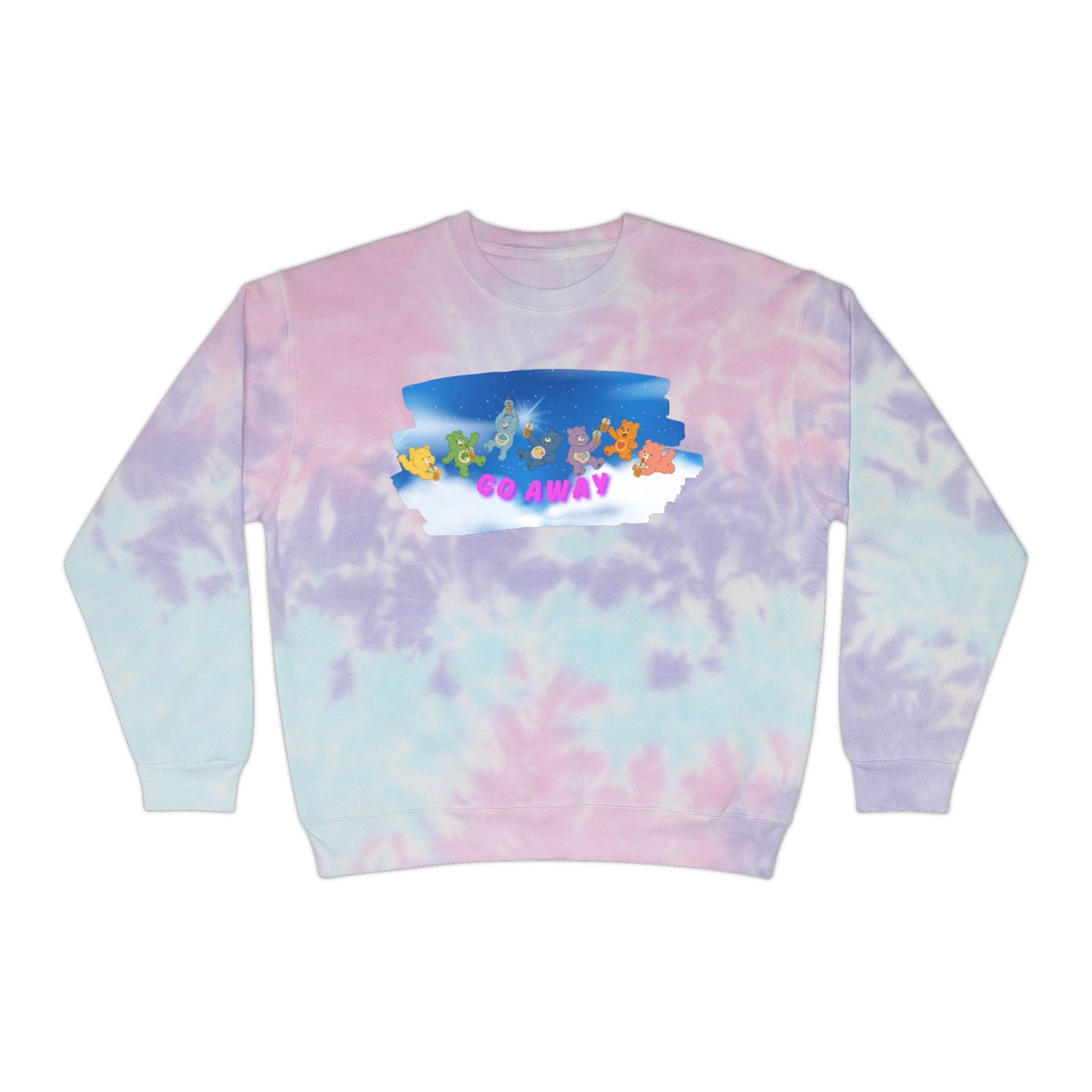 "Go Away" Care Bears Tie-Dye Sweatshirt | Sarcastic Pastel Crewneck | Cozy 90s Cartoon Sweater