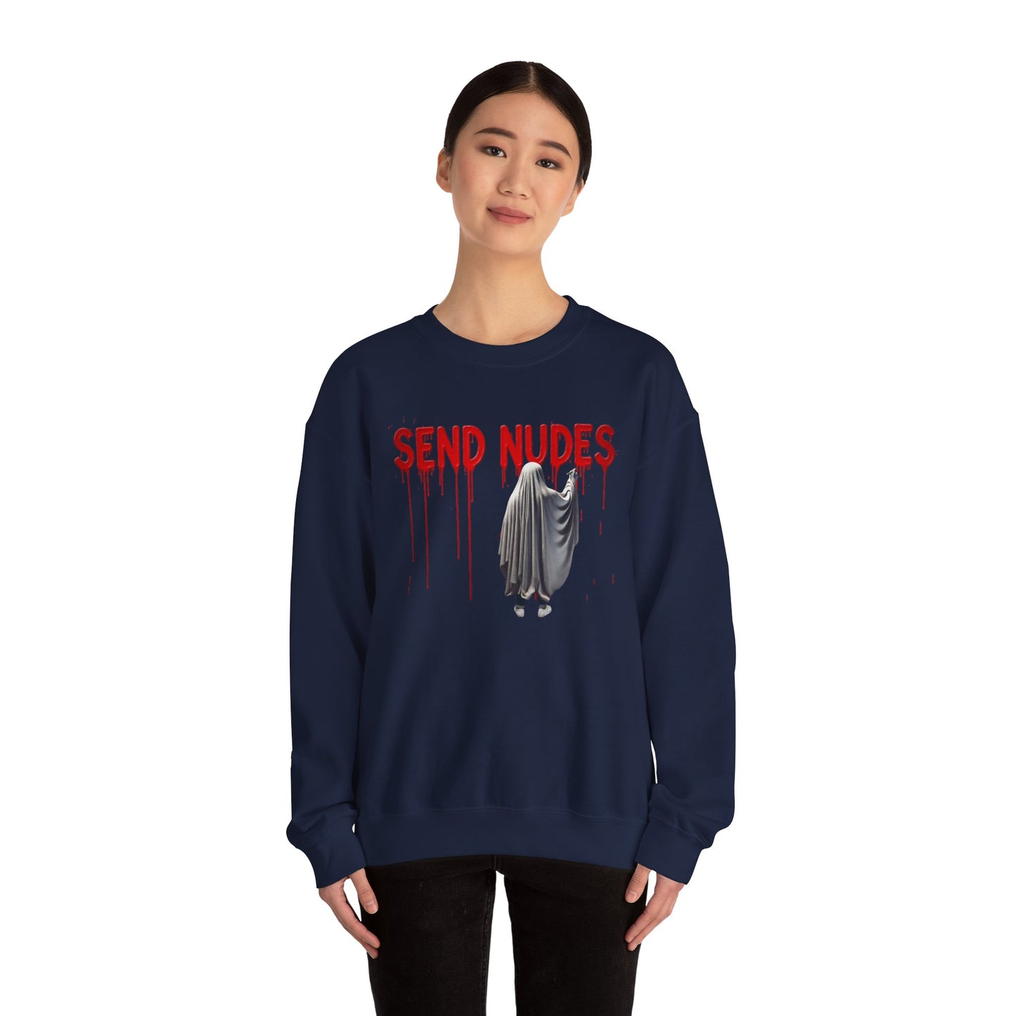 "Send Nudes" Ghost Sweatshirt | Funny Halloween Crewneck | Edgy Meme Sweater | Spooky Season Apparel